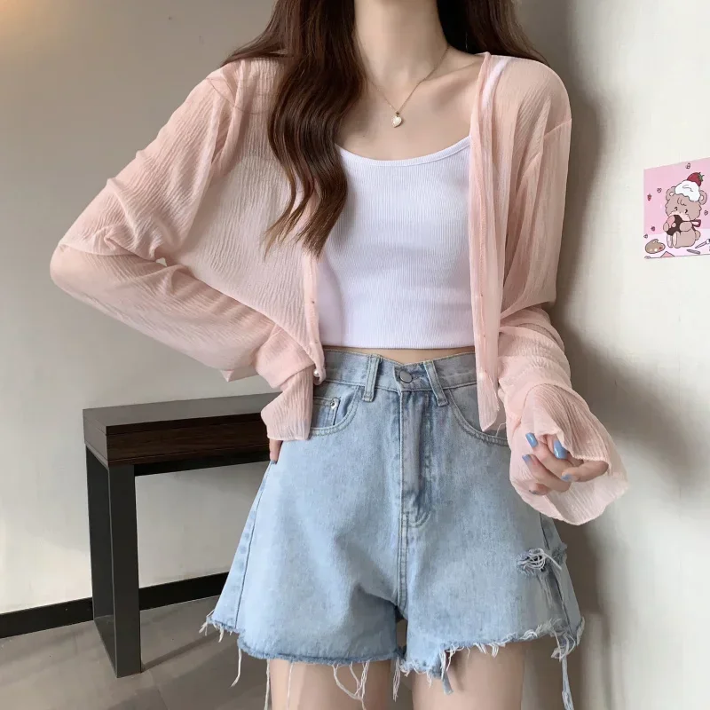 2025 페어리 스타일 솔리드 카디건 여성 여름 새로운 긴 소매 선 스크린 스위트 비딩 v 넥 기본 루즈 쉬폰 카디건