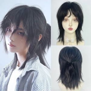 짧은 숭어 머리 가발과 앞머리 합성 스트레이트 애니메이션 남자 블랙 그레이 그린 헤어 가발 일일 파티 코스프레