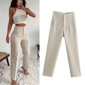 TRAF Office Wear 여성용 하이 웨스트 바지 공식 바지 사무복 연필 바지 블랙 핑크 화이트 패션 숙녀 바지