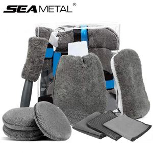 SEAMETAL 9pcs 세차 청소 키트 마이크로 화이버 타월 블러쉬 스폰지 워시 장갑 폴란드어 케어 애플리케이터 패드 세차 액세서리
