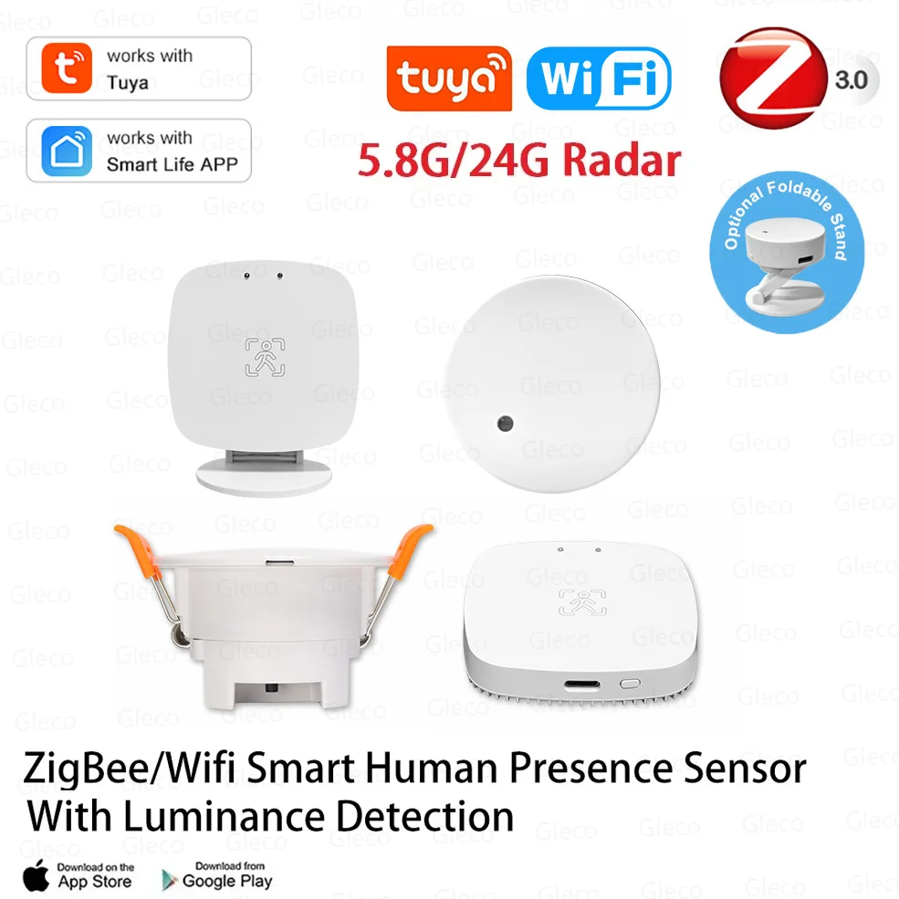 Tuya WiFi / Zigbee 인간 존재 감지기 휘도 거리 감지 기능이 있는 스마트 라이프 MmWave 레이더 모션 센서 홈 오토메이션 감지