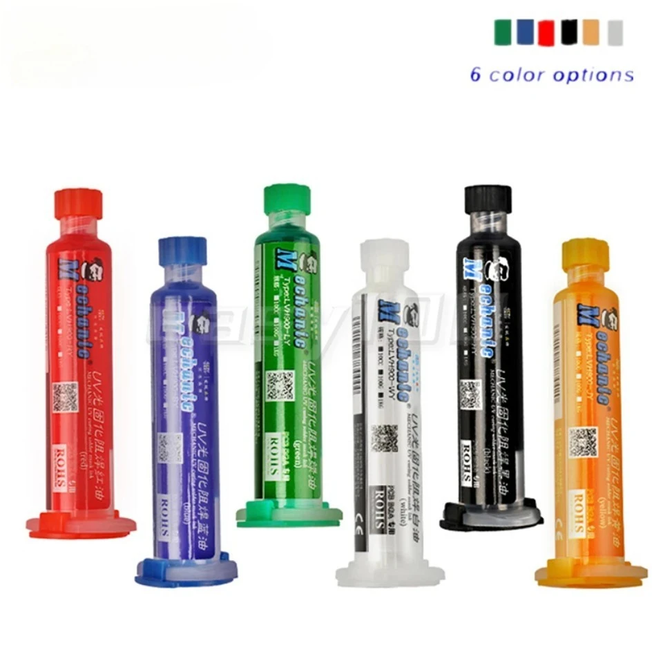 MECHANIC 6 색 10ml UV 경화 솔더 마스크 잉크 PCB BGA 회로 기판 절연 보호 솔더링 페이스트 플럭스 오일 정비공