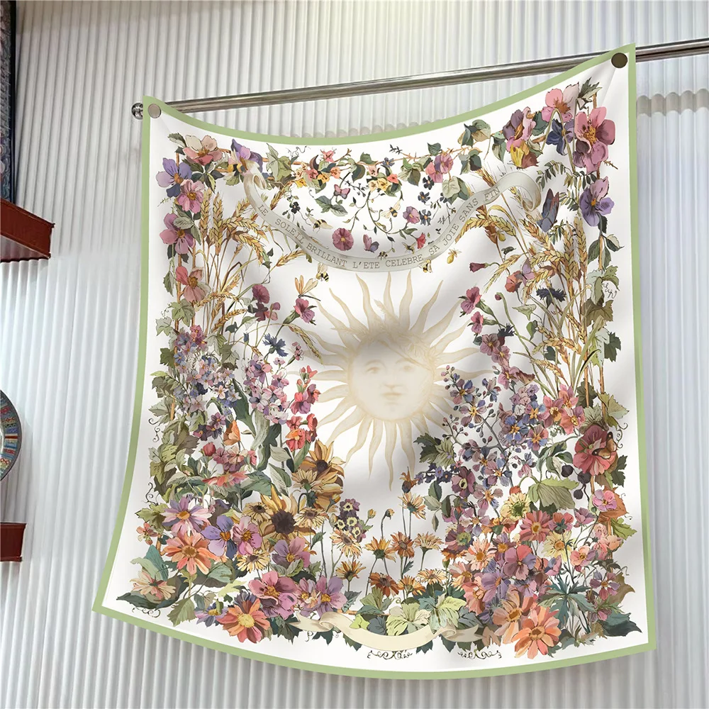 90cm 브랜드 스퀘어 스카프 여성 패션 꽃 능 직물 실크 스카프 목도리 Hijab 럭셔리 두건 Foulard Neckerchief 헤드 스카프 레이디에 대한