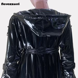Nerazzurri 여성용 엑스트라 롱 샤이니 블랙 소프트 페이턴트 PU 가죽 트렌치 코트, 후드 더블 브레스트 유럽 패션, 가을
