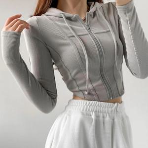패션 슬림 짧은 지퍼 업 스웨터 여성 섹시한 솔리드 컬러 자르기 탑 후드 가디건 한국 streetwear 후드 여성