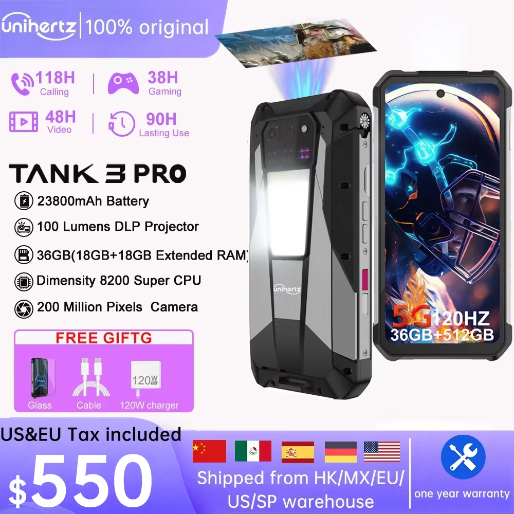 미국 EU MX 창고 Unihertz Tank 3 Pro 8849, 100루멘 5G 프로젝터 폰, 32GB/36GB RAM, 512GB ROM, 23800mAh 120W, 200MP, NFC