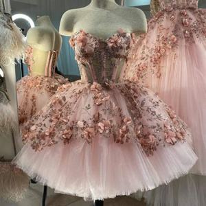 사용자 정의 빛나는 3D 꽃 드레스 볼 가운 짧은 Quinceanera 드레스 아가 파티 이브닝 ​​드레스 레이스 코르셋