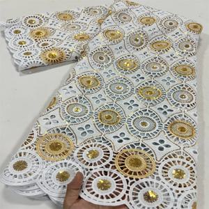화이트 Guipure 코드 레이스 원단 골든 스팽글, 아프리카 나이지리아 수용성 레이스 원단 파티 드레스, 여성용 바느질, 2.5yard4086