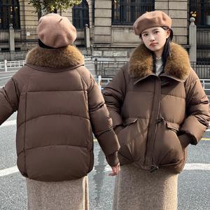 여성용 짧은 패딩 코튼 패딩 코트, 대형 퍼 칼라 재킷, 2024 한국 루즈 라펠 빵 아우터, 겨울 신상
