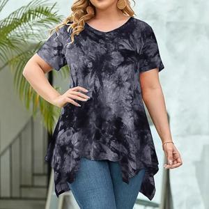 5XL 플러스 사이즈 여성 의류 넥타이 염색 반소매 티셔츠 캐주얼 새 스타일 V 넥 불규칙 탑 빅 사이즈 여성용 루즈 탑