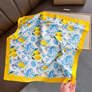 여름 선 스크린 레몬 프린트 70cm 스퀘어 비치 실크 스카프 캐주얼 우아한 얇은 통기성 목 여성 헤드 랩 헤어 스카프 목도리