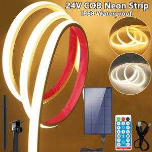 24V COB 태양 네온 라이트 스트립 태양 유연한 조명 방수 IP68 따뜻한 화이트 1m 2m 3m 4m 5m LED 스트립 정원 장식