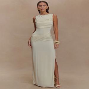 Mozision Backless Ruched 섹시한 맥시 탱크 드레스 여성 가운 여름 새로운 O 넥 허벅지 높은 분할 Bodycon 우아한 롱 드레스 패션