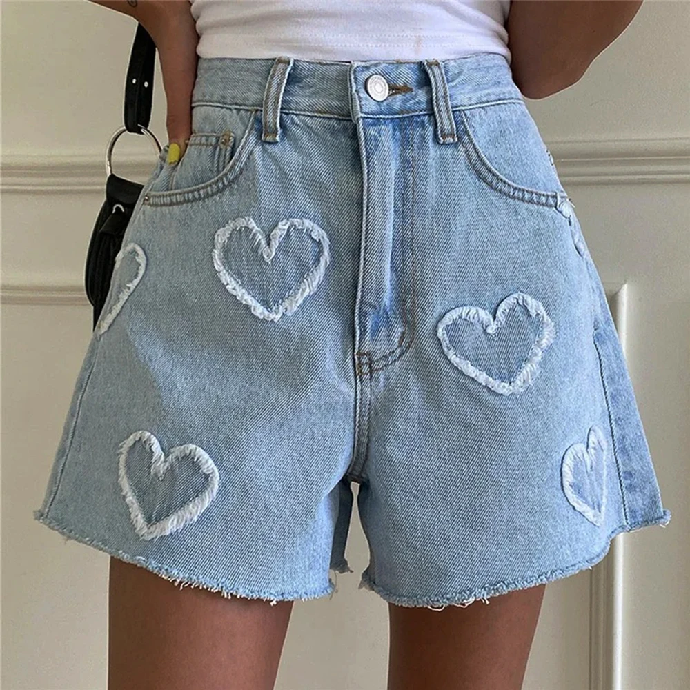 한국어 여름 Y2K 하이 웨스트 Jorts 러브 하트 모양의 패턴 여성 데님 반바지 캐주얼 청바지 세련된 스트레이트 워시 핫 바지