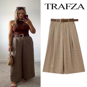 TRAFZA 여성의 우아한 세련된 벨트 주름 장식 캐주얼 루즈 롱 바지 여성 솔리드 사이드 포켓 ​​지퍼 슬림 와이드 레그 바지