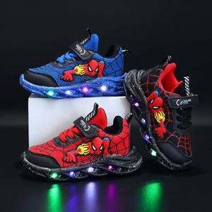 LED 캐주얼 스니커즈 레드 블랙 봄 소년 만화 메쉬 야외 신발 어린이 조명 미끄럼 방지 신발 크기 21-30