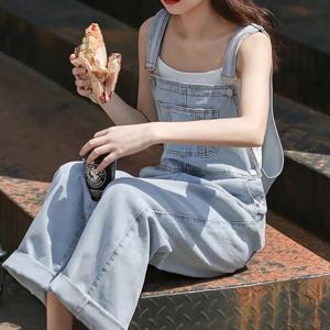 안티 에이징 데님 오버올 한국 스타일 루즈 스트레이트 레그 바지 여성용 학생 하이 웨이스트 메탈 버클 워시드 청바지