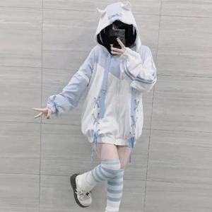 여자 스티치 여자 의류 하위 문화 일본 까마귀 파란색 흰색 가을 여자 스웨터 지퍼 겨울 y2k 옷 후드