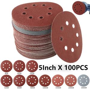 100Pcs 샌딩 디스크 5 인치 8 홀 알루미나 샌딩 패드 샌딩 시트 금속 목재 유리 자동차 연마 도구에 대한 연마 모래 종이