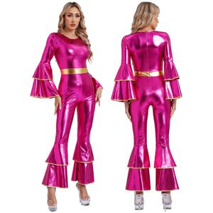 Womens 70S 디스코 빈티지 점프 슈트 메탈릭 샤이니 플레어 슬리브 바디 슈트 히피 벨 바닥 재즈 댄스 카니발 레이브 파티 의상