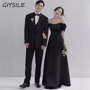 프렌치 라이트 웨딩 원피스 블랙 앤 화이트 새틴 웨딩 파티 드레스, 원 칼라 활 이브닝 원피스 웨딩 촬영 맥시 원피스