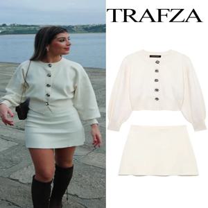 TRAFZA 여성 슬림 피트 2 피스 세트 레트로 블랙 니트 스웨터 자켓 + 패션 하이 웨스트 여성 캐주얼 미니 스커트 streetwear