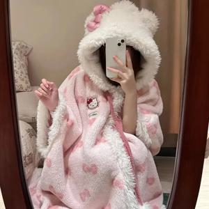 Miniso Kawaii Hellokitty 플러시 가운 소녀 귀여운 Sanrio Anime Y2K 잠옷 후드 담요 캐주얼 양털 잠옷 여성 의류