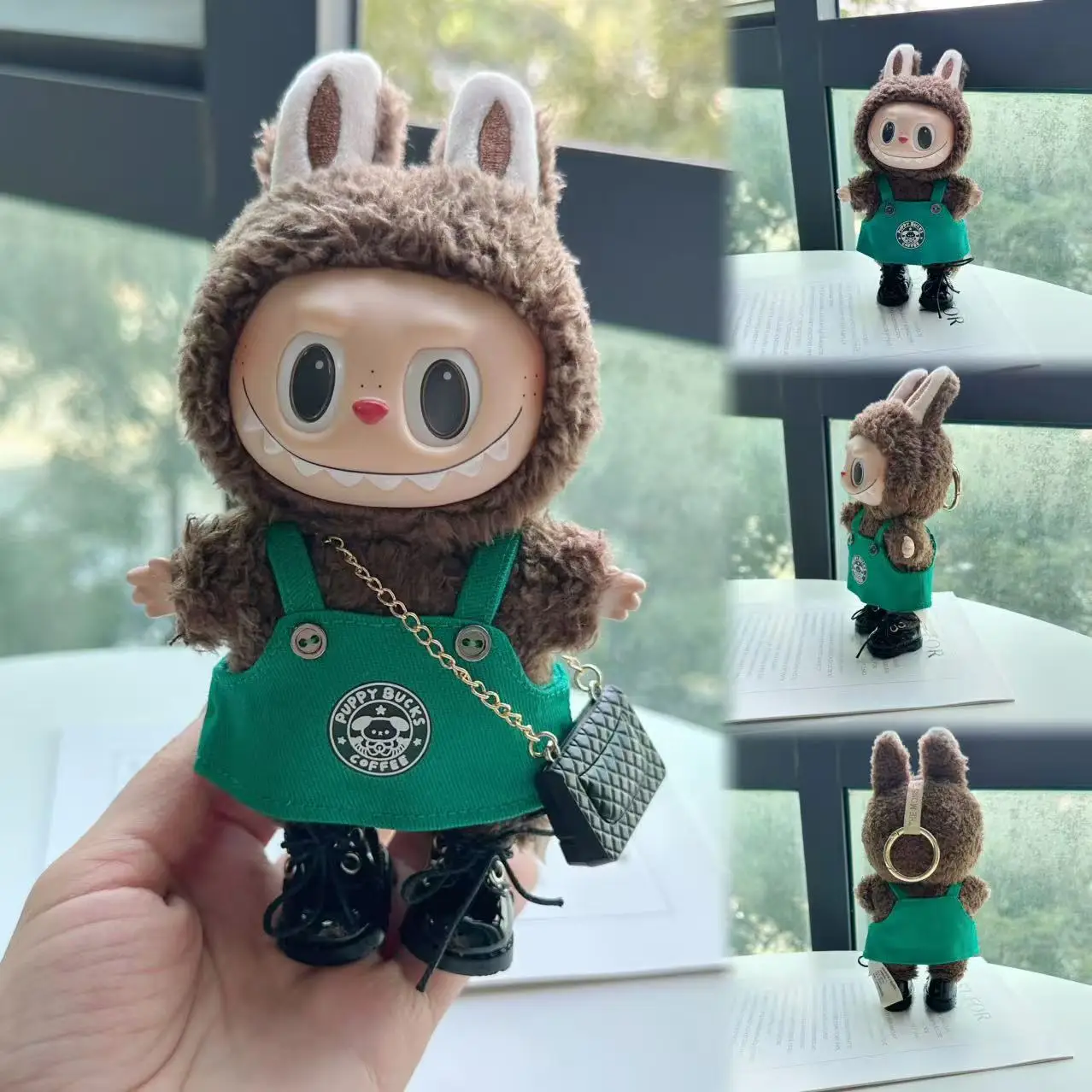 Labubu 17cm 인형 옷 괴물 복장 액세서리 의류 만화 녹색 커피 드레스 신발 크리스마스 모자 스카프 EE19A
