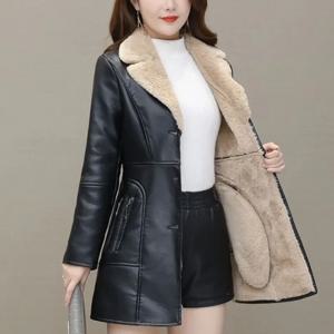 여자 가죽 윈드 브레이커 플러스 벨벳 두꺼운 PU 가죽 코튼 코트 긴 정장 칼라 대형 패션 따뜻한 가죽 자켓