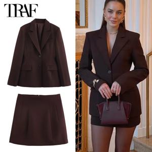 TRAF 2025 여성 정장 블레이저 및 스커트 세트 긴 소매 두 조각 세트 여성용 블레이저 Office Lady 세트 여성용 스커트 정장