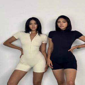 여성 요가 점프 슈트 반팔 얇은 슬림 피트 스트레치 원피스 Playsuits Romper 섹시한 피트니스 여성 기본 지퍼 Sportwears