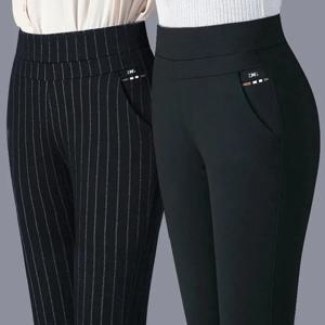 캐주얼 우아한 긴 얇은 바지 탄성 허리 블랙 OL 트렌드 연필 바지 여름 간단한 여성 의류 스키니 솔리드 스트립의 새로운