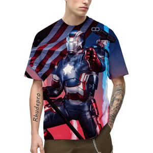 2025 Miniso Avengers War Machine 3D 프린트 티셔츠 여름 남성 반팔 레트로 티 셔츠 탑 라운드 슬리브 티셔츠 탑