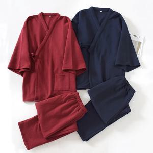 가을 겨울 일본식 남성 기모노 잠옷 100% 코튼 에어 레이어와 코튼 오버 사이즈 잠옷 투피스 나이트 가운 혼합