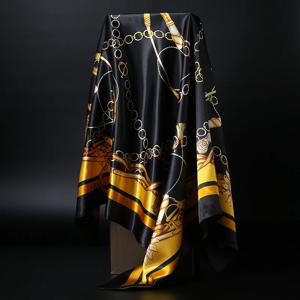 90*90cm 스퀘어 실크 스카프 여성 목도리 인쇄 새틴 Hijab 여성 럭셔리 브랜드 스퀘어 레이디 머플러 커버 헤드 반다나 파 레오 소녀