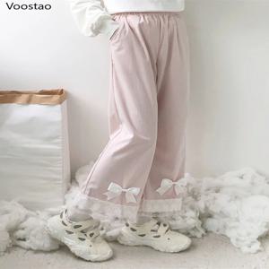 일본 로리타 여성 카와이 하이 웨스트 코듀로이 바지 스위트 보우 레이스 와이드 레그 팬츠 걸리 하라주쿠 시크 루즈 귀여운 바지