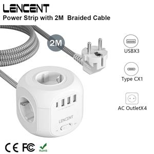 LENCENT 전원 스트립(AC 콘센트 4개 포함) USB 포트 3개 유형 C 2M 편조 케이블 홈 오피스용 스위치가 있는 멀티 소켓 확장기