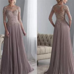쉬폰 Pleated 레이스 Applique 1/2 슬리브와 신랑 드레스의 라인 어머니 신부 긴 Vestido 드 페스타 웨딩 드레스 2023