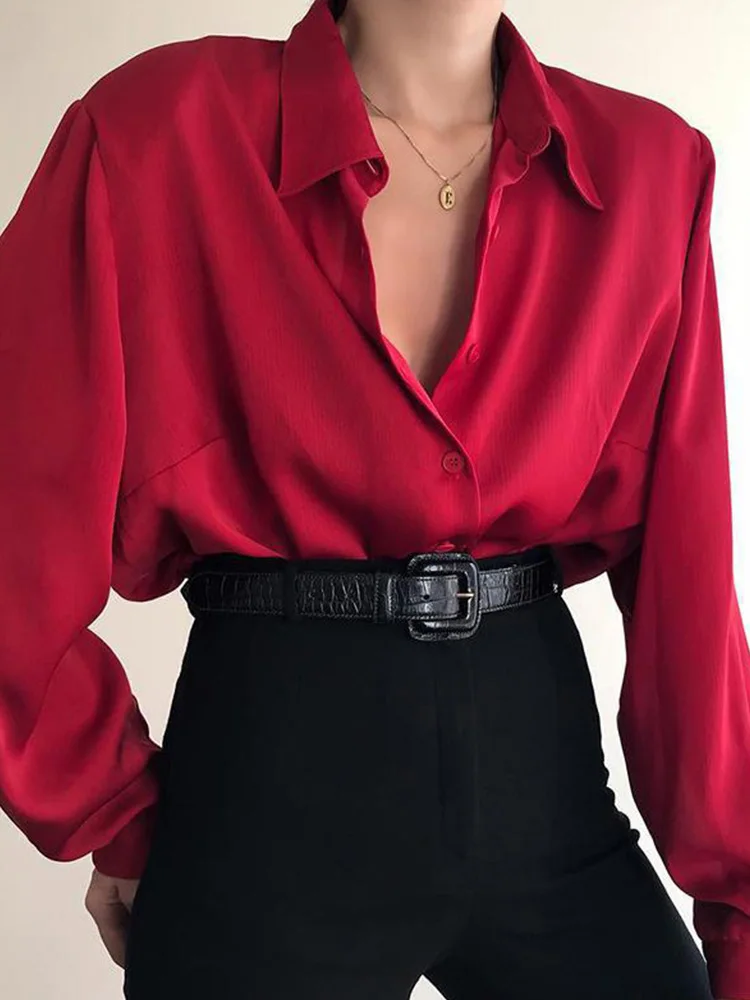 여성 버튼 블라우스 턴 다운 칼라 셔츠 Office Lady 긴 소매 캐주얼 블라우스 루즈 OL 셔츠 헐렁한 탑 레드/와인 레드/블랙