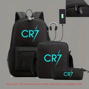 빛나는 CR7 3pcs 배낭 용량 나일론 노트북 학교 가방 청소년 여성 남성 여행 야외 Mochilas