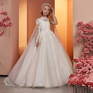 케이프 푹신한 빛나는 우아한 공주 첫 성찬식 생일 가운과 민소매 결혼식을위한 레이스 Tulle 꽃의 소녀 드레스