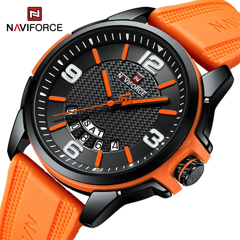 NAVIFORCE 크리 에이 티브 TPU 스트랩 남성 손목 시계 패션 스포츠 3ATM 방수 석영 요일 및 날짜 표시 남성 시계 Reloj Hombre