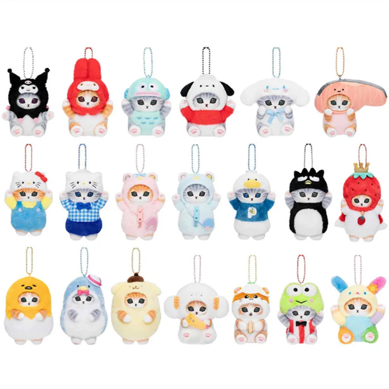 Kawaii Mofusand Cross-Dressing 헬로 키티 & 쿠로미 플러시 키 체인-10-12cm 애니메이션 플러시 인형, 산리오 배낭 펜던트