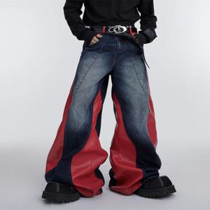 2024 Ropa Y2K streetwear 레드 pu 가죽 패치 워크 헐렁한 청바지 바지 남성용 디자이너 의류 카니 예 와이드 레그 루즈 데님 바지