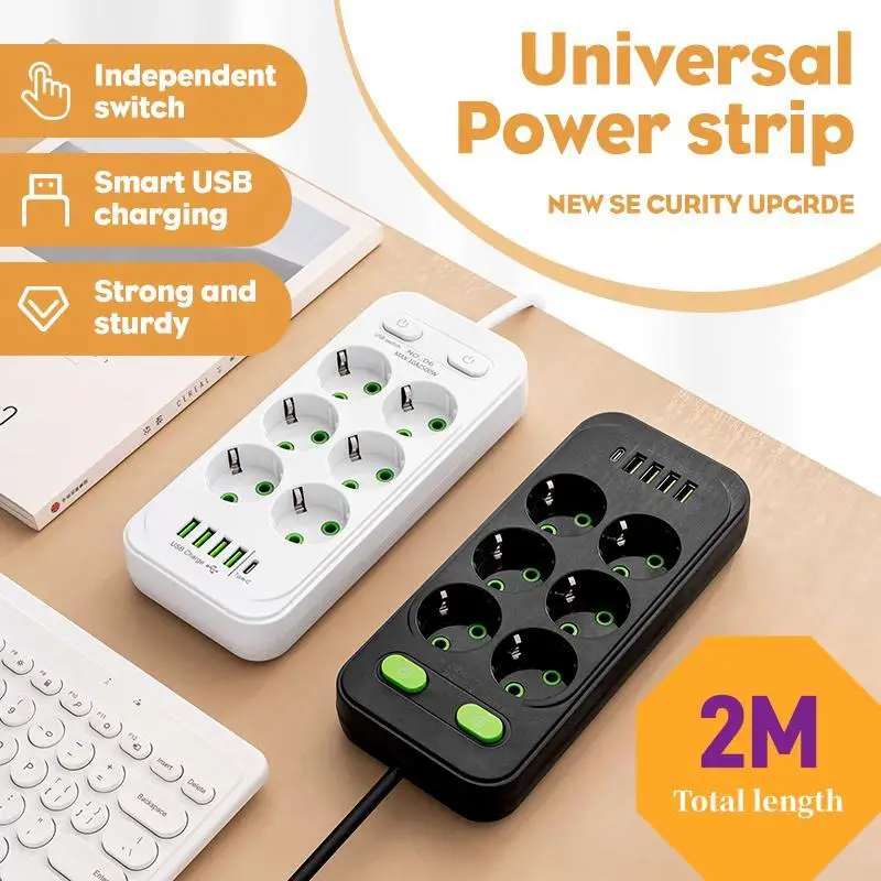 EU 플러그 AC 콘센트 멀티탭 소켓 2M 연장 코드 USB 유형 C 고속 충전 네트워크 필터 어댑터가 있는 전원 스트립
