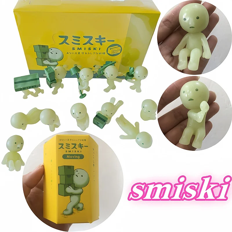새로운 뜨거운 써니 엔젤 Smiski 이동 시리즈 미스터리 귀여운 야광운 녹색 인형 액션 피규어 만화 데스크탑 블라인드 박스 크리스마스 선물