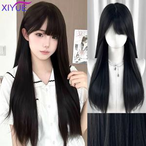 XIYUE 긴 실키 스트레이트 합성 가발 (Bangs 포함) 블랙 코스프레 파티 로리타 헤어 가발 여성용 자연 내열성 가발