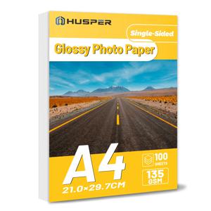 HUSPER A4 크기 135gsm 인화지 단면 광택 100 매 DIY 칩 가방 사진 잉크젯 프린터 용 그림 얇은 전단지 용지