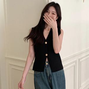 여자 니트 조끼 탑 프렌치 레트로 조끼 솔리드 컬러 v 넥 버튼 슬림 피트 탱크 탑 싱글 브레스트 민소매 슬림 니트 조끼