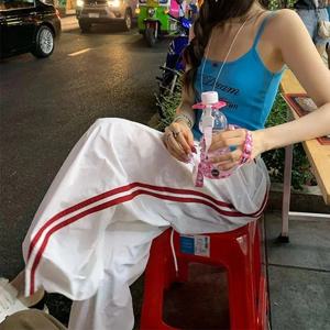 2024년 여름 미국 하이 스트리트 레트로 다용도 캐주얼 팬츠 루즈 스포츠 남녀 와이드 레그 팬츠 편안한 핏 폴리에스터